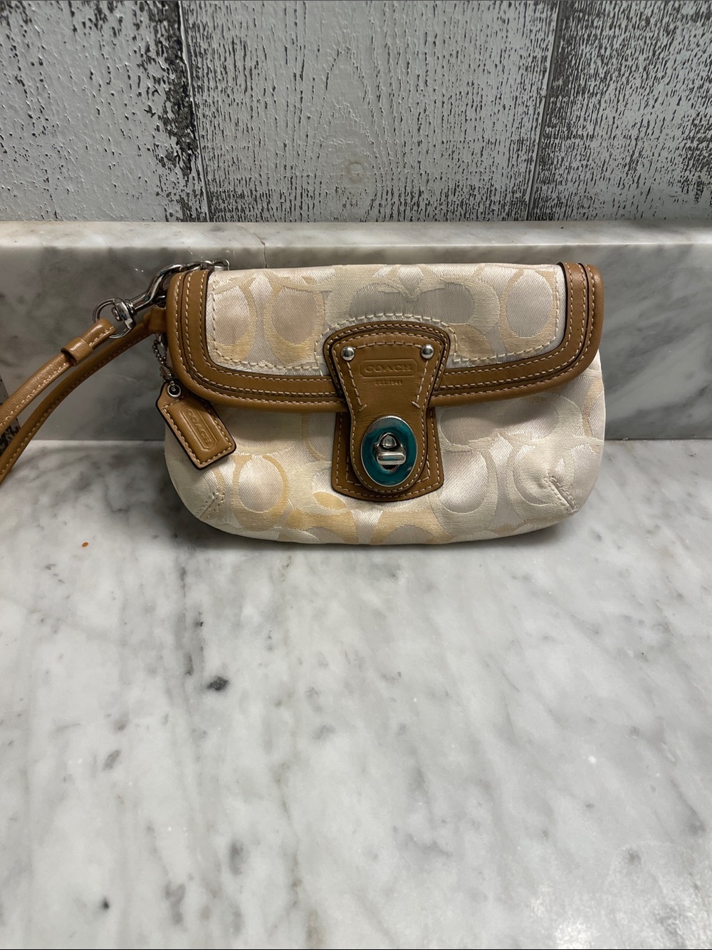 Vintage Coach Cream & Tan Signature Canvas Wristlet with Leather Trim